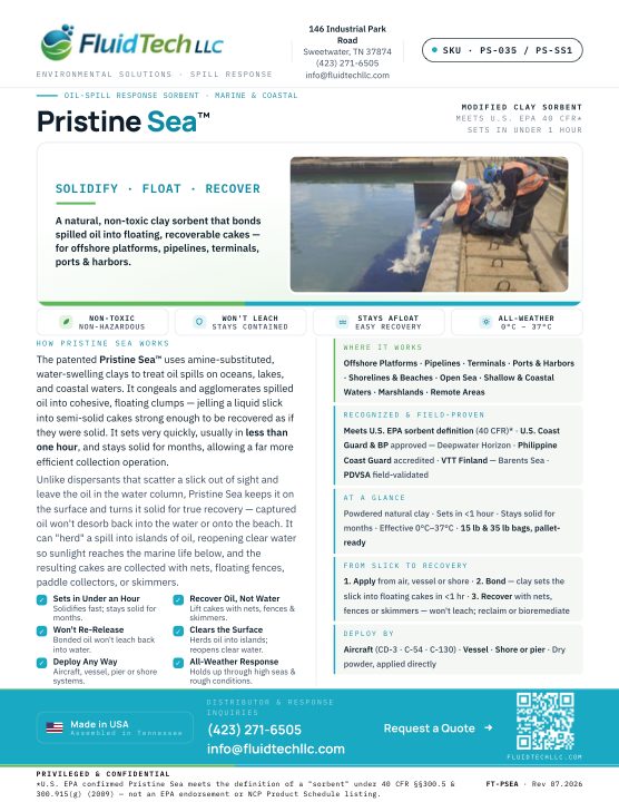 First page of the Pristine Sea oil-spill sorbent cut sheet